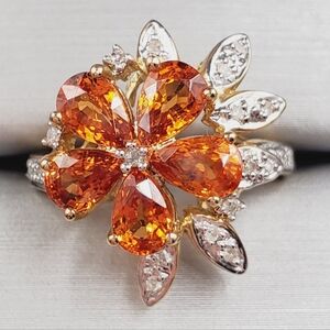 10k Solid Yellow Gold Genuine Spessartite Mandarin Garnet & Diamond Flower Ring